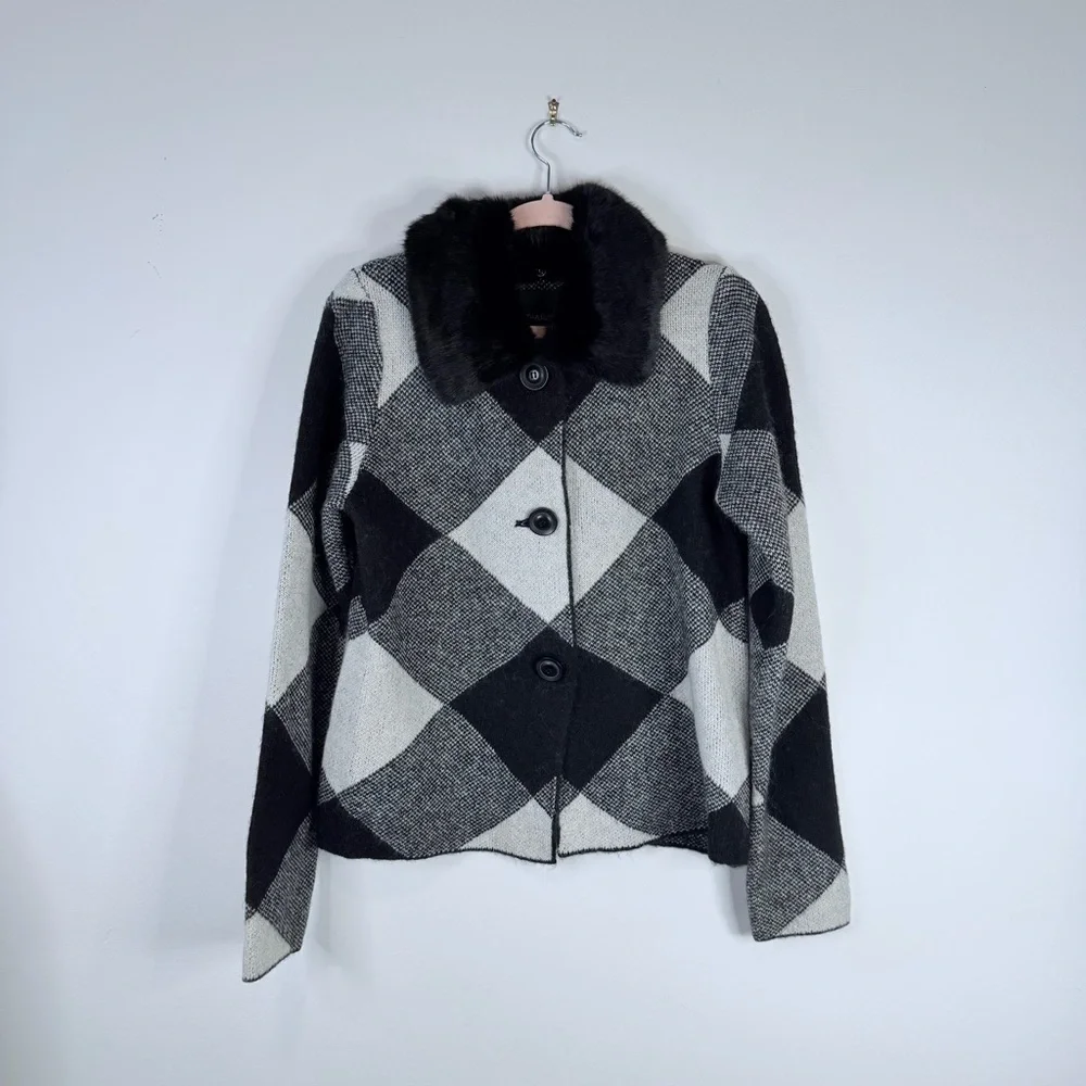 Cynthia Rowley Harlequin Faux Fur Collar Cardigan Size Large - Picture 2 of 8